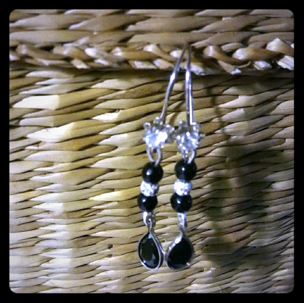 Natural Black Spinel and Natural White Zircon Sterling Silver Earrings